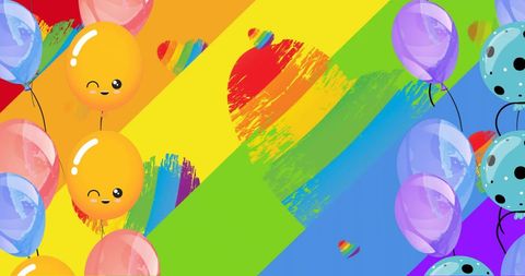 Colorful Balloons and Hearts on Vibrant Rainbow Background