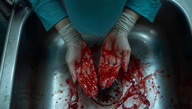 Surgical Gloves Covered in Blood Above Stainless Steel Sink, Clinical Cleanup, Hygiene