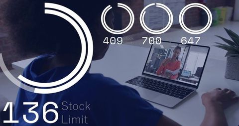 Remote collaboration dashboard showing woman viewing laptop analytics with data overlays