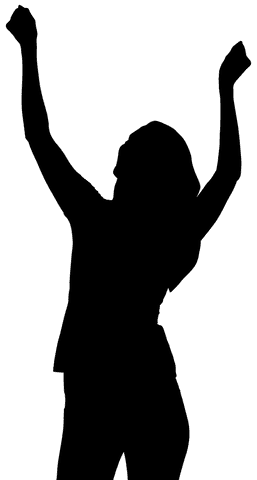 Transparent silhouette of woman raising hands in triumph