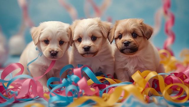 Playful puppies with colorful ribbons creating joyful atmosphere