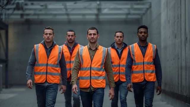 Construction crew walking confidently in industrial setting