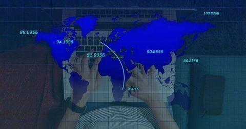 Global Data Network Overlay with Hands Typing on Laptop Keyboard for Digital Analytics