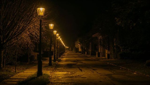 Vintage lampposts casting warm light along empty wet suburban street at night, moody