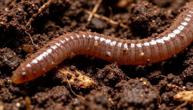 Crawling brown earthworm on moist garden soil, macro closeup of segmented body