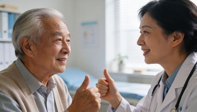 Doctor and senior patient giving thumbs up during checkup in bright clinic