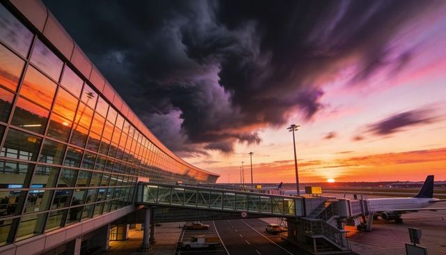 Sunset reflection on curved airport terminal with jet bridge and dramatic storm clouds