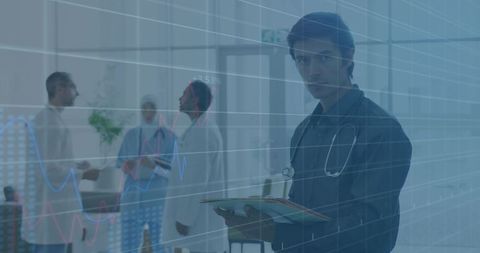 Healthcare Professional Analyzing Data with Digital Mixed Media Graphics