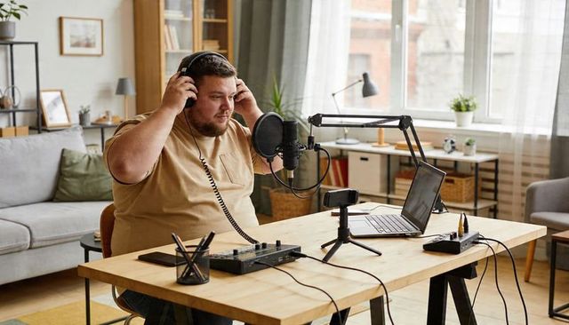 Independent podcaster recording at home desk with boom microphone, laptop and audio mixer
