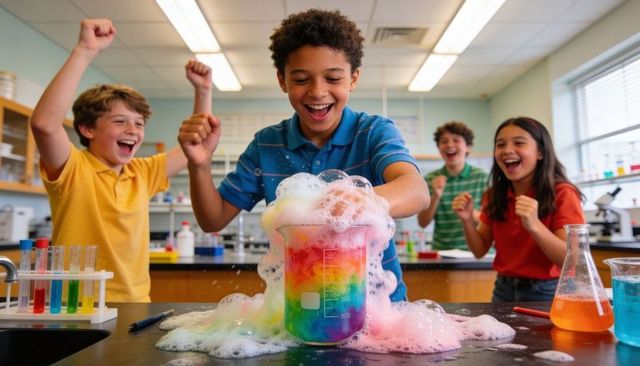 Students conducting rainbow foam chemistry experiment in school science laboratory