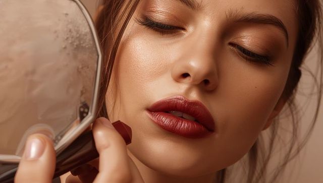 Glamorous Woman with Red Lips Holding Smudged Mirror