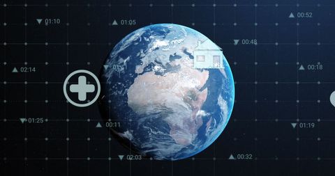 Digital icons surrounding rotating earth in virtual space