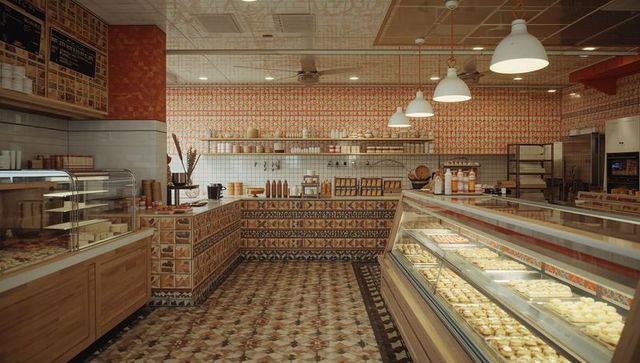 Warm artisan bakery interior featuring glass pastry case, wooden counters, patterned tilework, penda