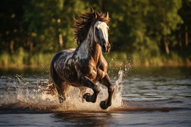 Brown horse galloping in water on sunny day, created using generative ai technology. Horse, animal, nature, freedom and movement concept digitally generated image.
