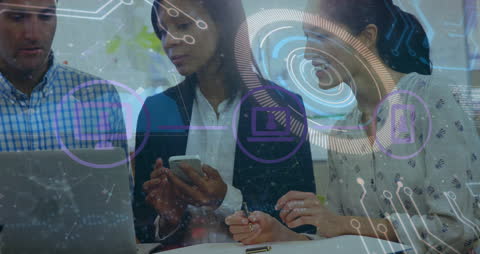 Diverse Professionals Collaborating With Digital Data Interface