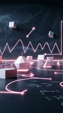 Neon waveform materializing around geometric solids in futuristic vertical video