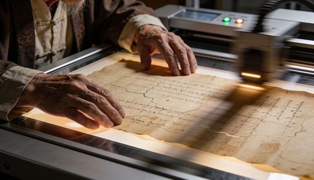 Conservator scanning ancient manuscript with motorized head for archival digitization