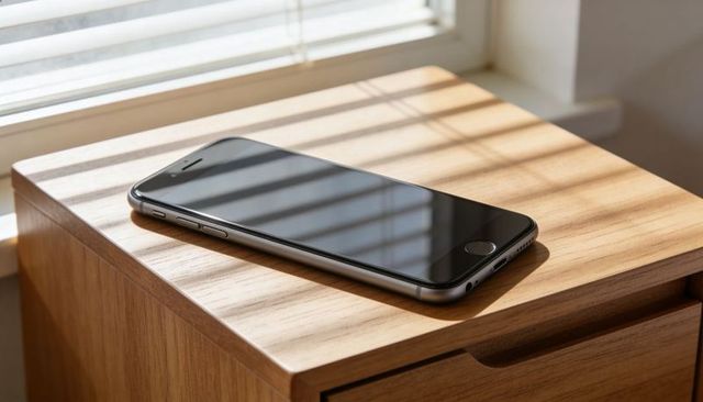 Lying smartphone reflecting window blinds on wooden nightstand in warm morning light