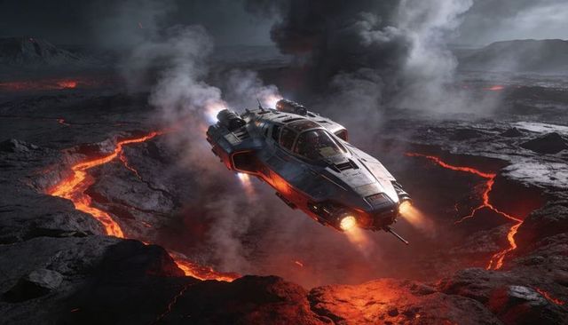Starship hovering over lava rivers at dusk, glowing thrusters, smoky volcanic terrain