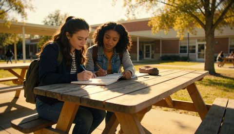 Studying together on campus: two teens writing notes at picnic table for exam