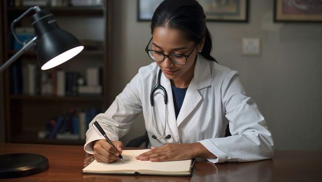 Female physician writing patient notes at desk with stethoscope and lamp