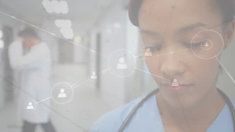 Young Healthcare Professional with Digital Network Overlay in Hospital