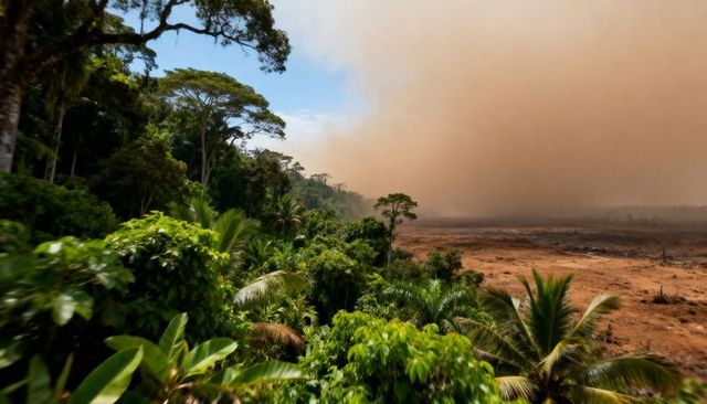 Tropical Rainforest Bordering Burning Clearcut Land with Rising Smoke Plume