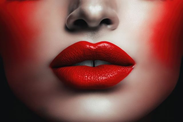 Close-up view of red lips with dramatic makeup. Highlighting vibrant red lipstick and flawless complexion. Useful for advertisements on cosmetics, fashion editorials, beauty blog illustrations, and tutorials on makeup techniques.