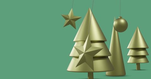 Minimalist Gold Christmas Trees and Decor on Green Background