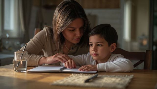 Mother guiding son hand-over-hand learning and journaling at kitchen table
