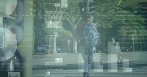 Student observing traffic light with data analysis overlay