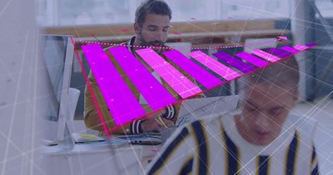 Magenta 3D Bar Chart Overlay Above Modern Office Team Collaborating on Data Analytics