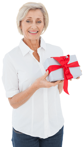 Senior Woman Holding Gift Box Happy Celebrating Transparent Background