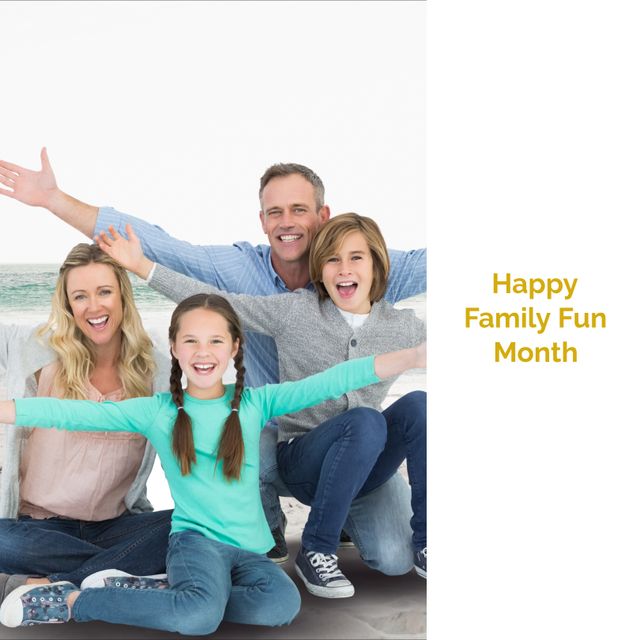 Happy family fun month text over happy caucasian couple with daughter and son. Fun, laughs, happiness, childhood, parenthood and family concept digitally generated image.