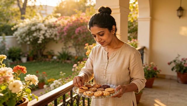 Indian woman serving cookies on sunlit veranda during golden hour, home hospitality
