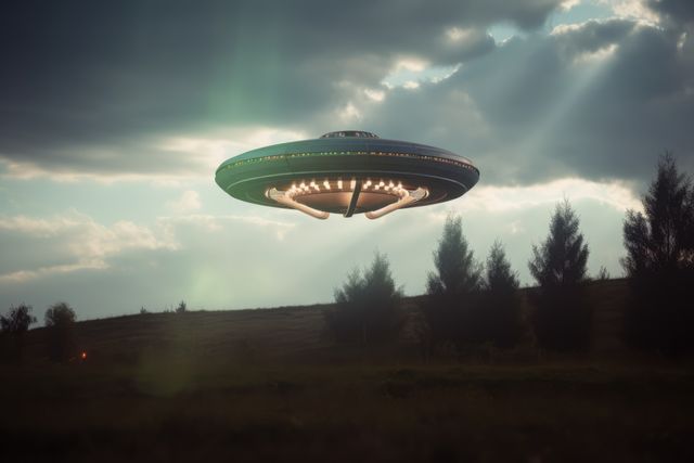UFO hovering over forest during twilight. Perfect for projects involving sci-fi themes, extraterrestrial phenomena, paranormal investigations, mystery, adventure, and technology. Great asset for book covers, movie posters, or editorial content related to space exploration and alien sightings.