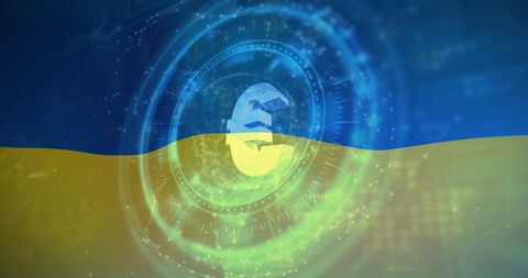 Euro symbol overlayed on ukrainian flag suggesting economic influence