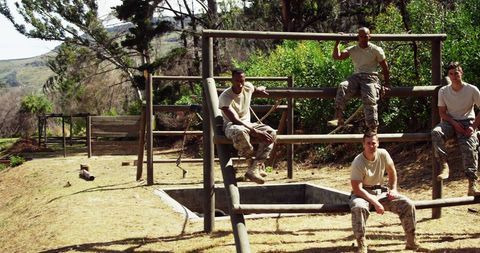Soldiers Relax at Outdoor Training Course, Team Building and Camaraderie - Download Free Stock Images Pikwizard.com