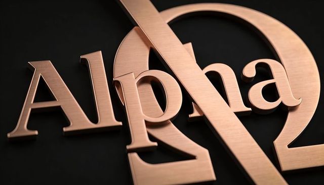 Brushed rose-gold alpha omega emblem on matte black with diagonal metallic bar