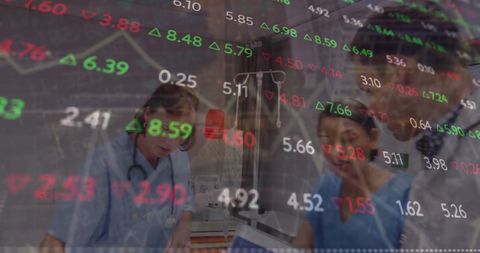 Doctors Analyzing Data Against Stock Market Overlay