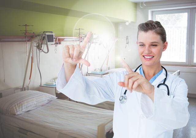 Digital composition of a smiling female doctor touching an invisible screen in hospital