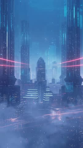 Cyberpunk Vertical Cityscape with Neon Pink Beam Pulsing Between Towering Skyscrapers