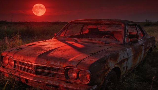 Rusted vintage coupe glowing under blood red moon on grassy plain
