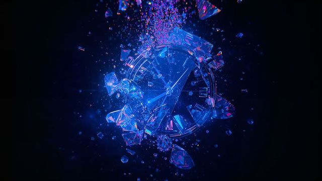 Exploding neon clock face shards in ethereal void