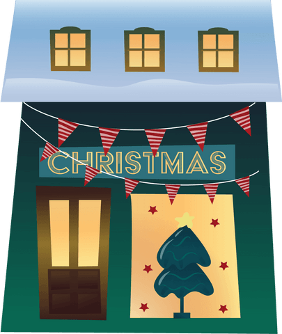 Stylized vector representation of a Christmas-themed house used for holiday decorations and digital design projects. Incorporates classic holiday elements like Christmas tree and cheerful decorations. Ideal for use in greeting cards, holiday event advertisements, or as a graphic element on festive merchandise.