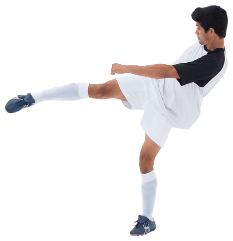 Transparent biracial male footballer kicking powerful strike