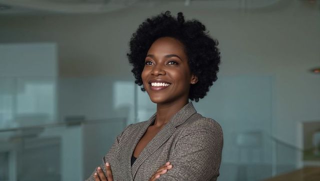 Smiling businesswoman standing with crossed arms in contemporary glass office environment