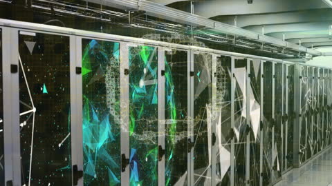 Digital Interface in a Futuristic Server Room with Moving Shapes