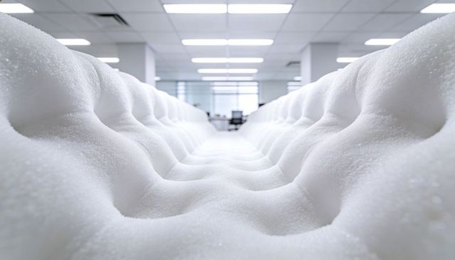 Tufted white foam texture leading lines toward minimal open-plan office interior