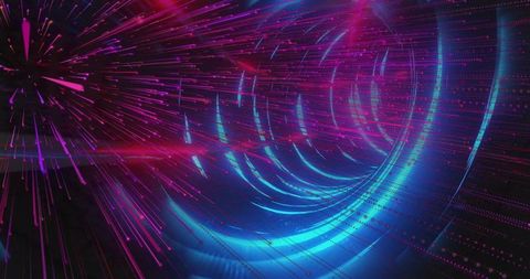 Pulsing neon cyberspace tunnel streaming with cyan rings and magenta data trails